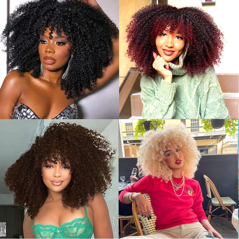 10 Inch Short Afro Kinky Curly Wig with Bangs Synthetic Black Blonde Cosplay Wigs Heat Resistant Curly Wigs for Black Women