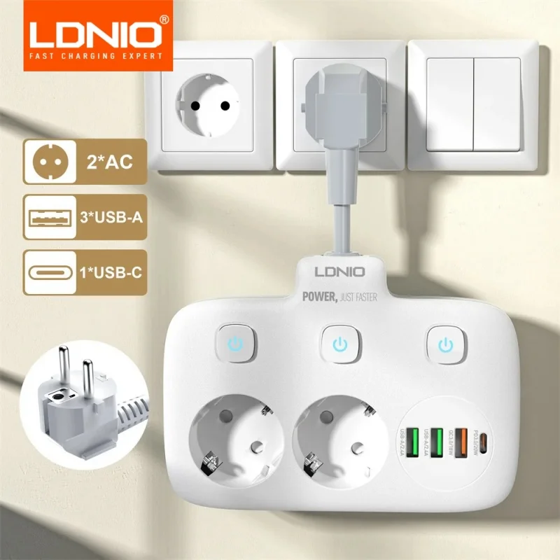 LDNIO Power Strip Short Cable Wall Socket 4 USB 2 AC Multi Outlet Surge Protector Home/Office Network Filter Eu Kr Plug Adapter