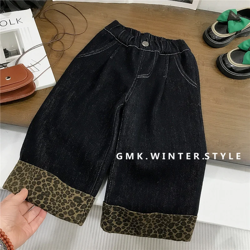 

Girls' Pants Autumn Winter New Fashionable Big Kids Little Girls Cuffed Fleece-Lined Jeans Casual Pants Long Pants