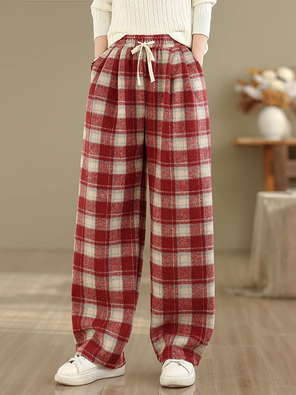 Thiened FCE-gefütterte Hose mit weitem Bein, Herbst-Winter, kariert, lockere Passform, große Damen-Wollhose, lässige Hose mit geradem Bein