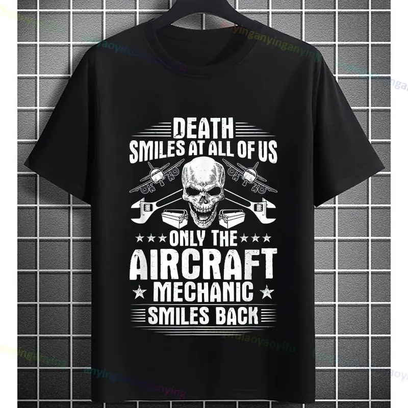 เสื้อยืดกราฟิกช่างอากาศยานสำหรับผู้ชายผ้าฝ้ายแท้แขนสั้นเสื้อยืดลำลองแนวสตรีทสำหรับผู้เชี่ยวชาญด้านการบำรุงรักษาเครื่องบิน