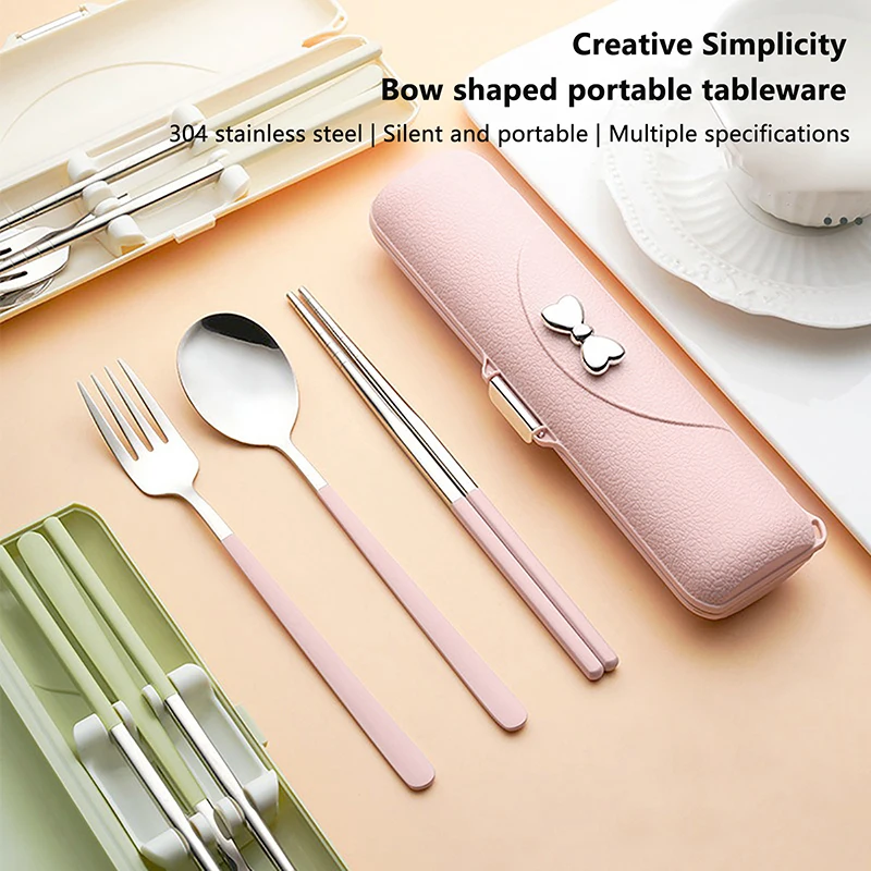 2/3PcsBow Stainless Steel Cutlery Suit With Storage Box Chopstick Fork Spoon Portable Travel Tableware Set Cutlery Kitchen Tool