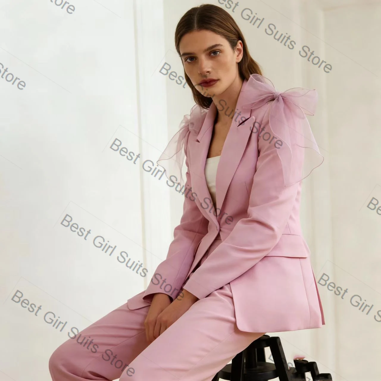 

Pink Bow Women Suit Set 2 Piece Blazer+Pants Cotton Spring Formal Office Lady Jacket Customized Wedding Coat