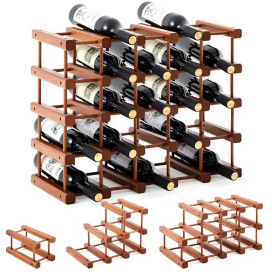 Wine storage rack for cabinet or countertop use, wooden material, natural wood color, sturdy stackable modular design with DIY