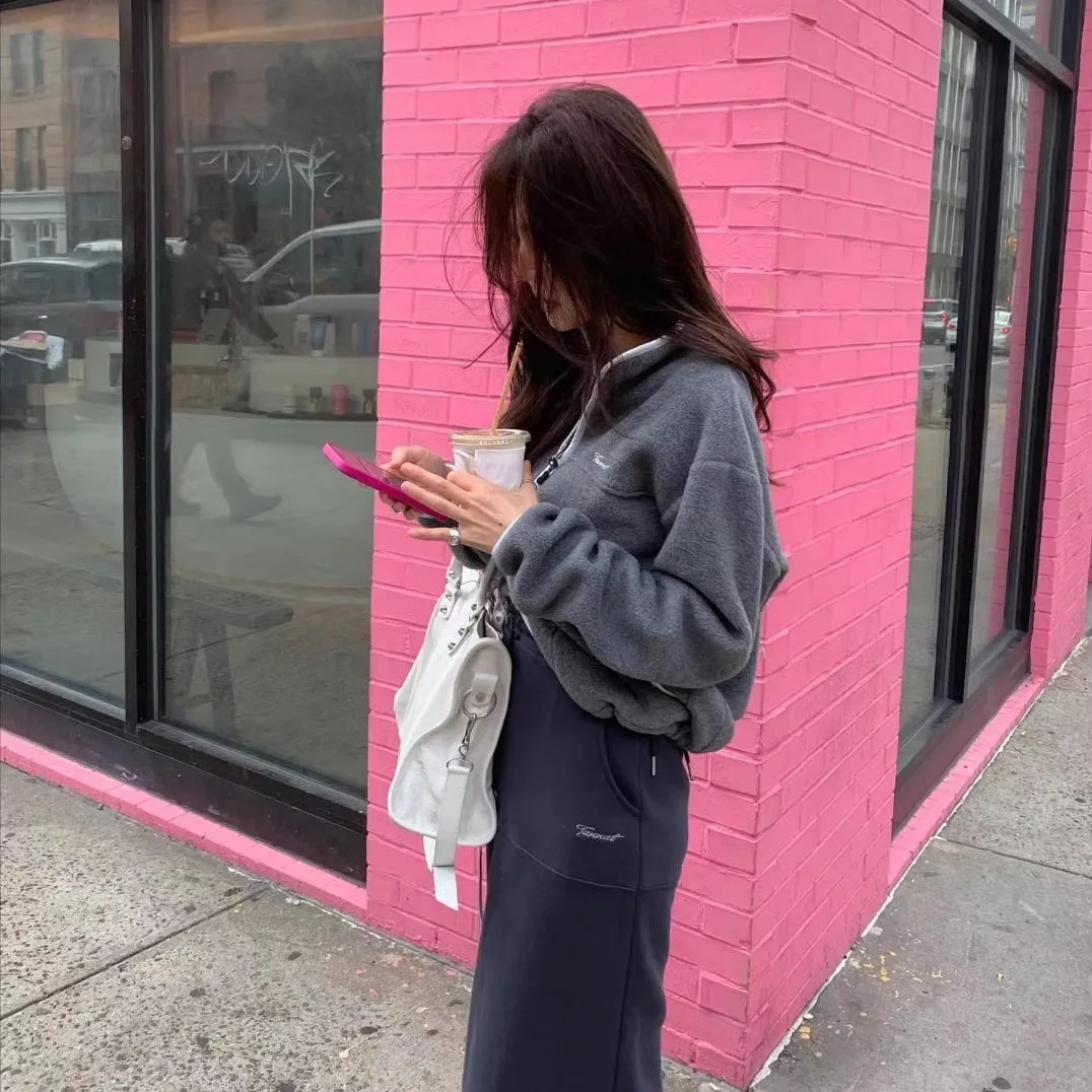 Warm Fce Jaet Loose Fit Stand Collar Double Zipper Versatile Casual Sle Women's Outerwear Long Sve Winter Coat