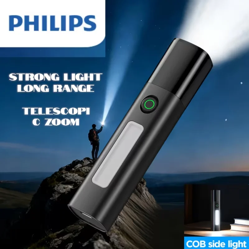Philips SFL1151 LED Flashlight Telescopic Zoom Torch with COB Side Light Type-C Rechargeable Portable Outdoor Camping Emergency