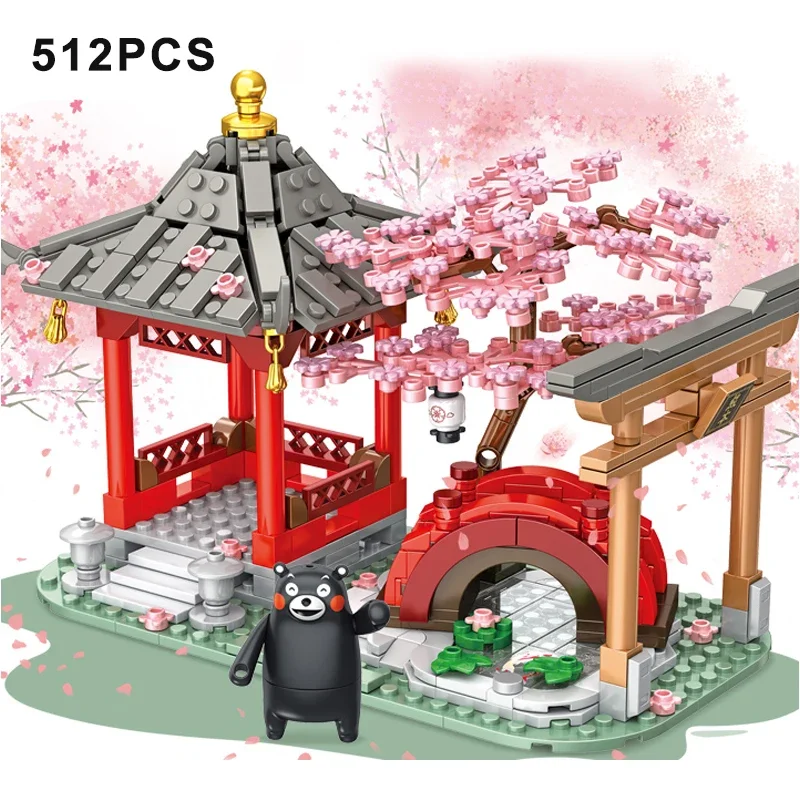 

City Stree View Building Blocks Kumamon Bear Sakura Flowers House Coffee Shop Creativity Restaurant Bricks Toys Gifts For Kids