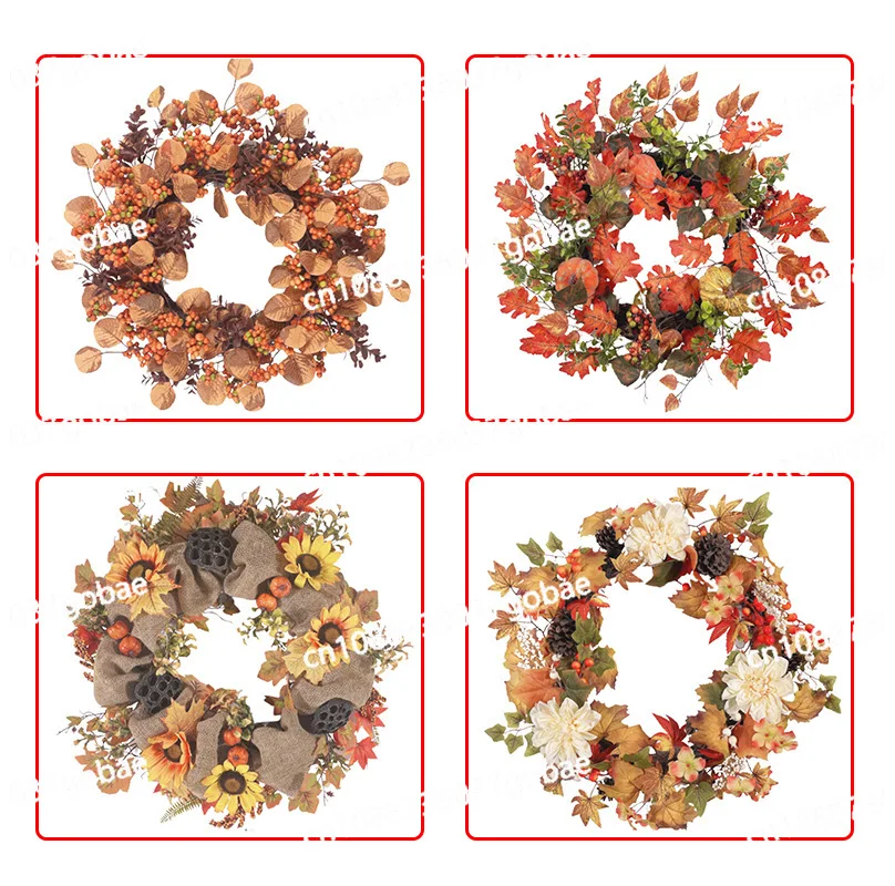 Cross-border Harvest Festival Autumn Maple Leaf Pumpkin Wreath Decorative Door Hanging Thanksgiving Home Window