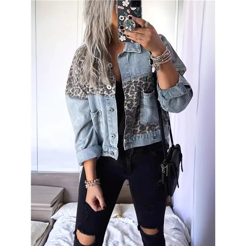 سترة جينز نسائية من PORK-Womens بأزرار سفلية من قماش الدنيم الفهد المغسول بأكمام طويلة معطف جينز الفهد الممزق #4