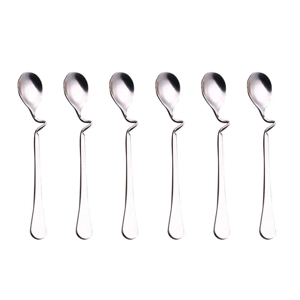 

6pcs Coffee Spoon Stainless Steel Curved Handle Stirring Mixing Spoon Practical Home Restaurant Kitchen Bar Use