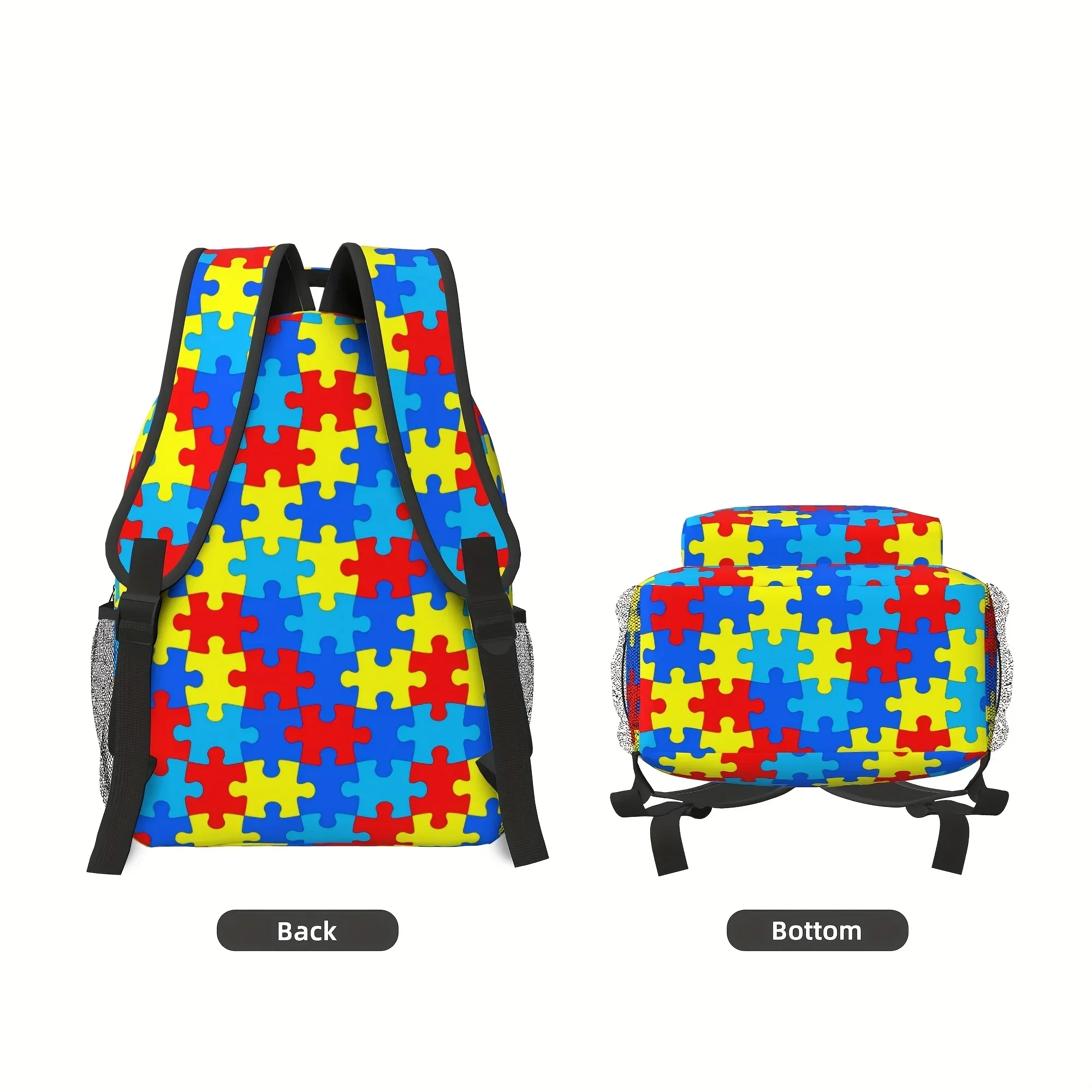 Custom Opaque Colourful Puzzle Piece Autism Awareness Fashionable Printed Backpack, Lightweight And Durable Fabric, With Adjusta