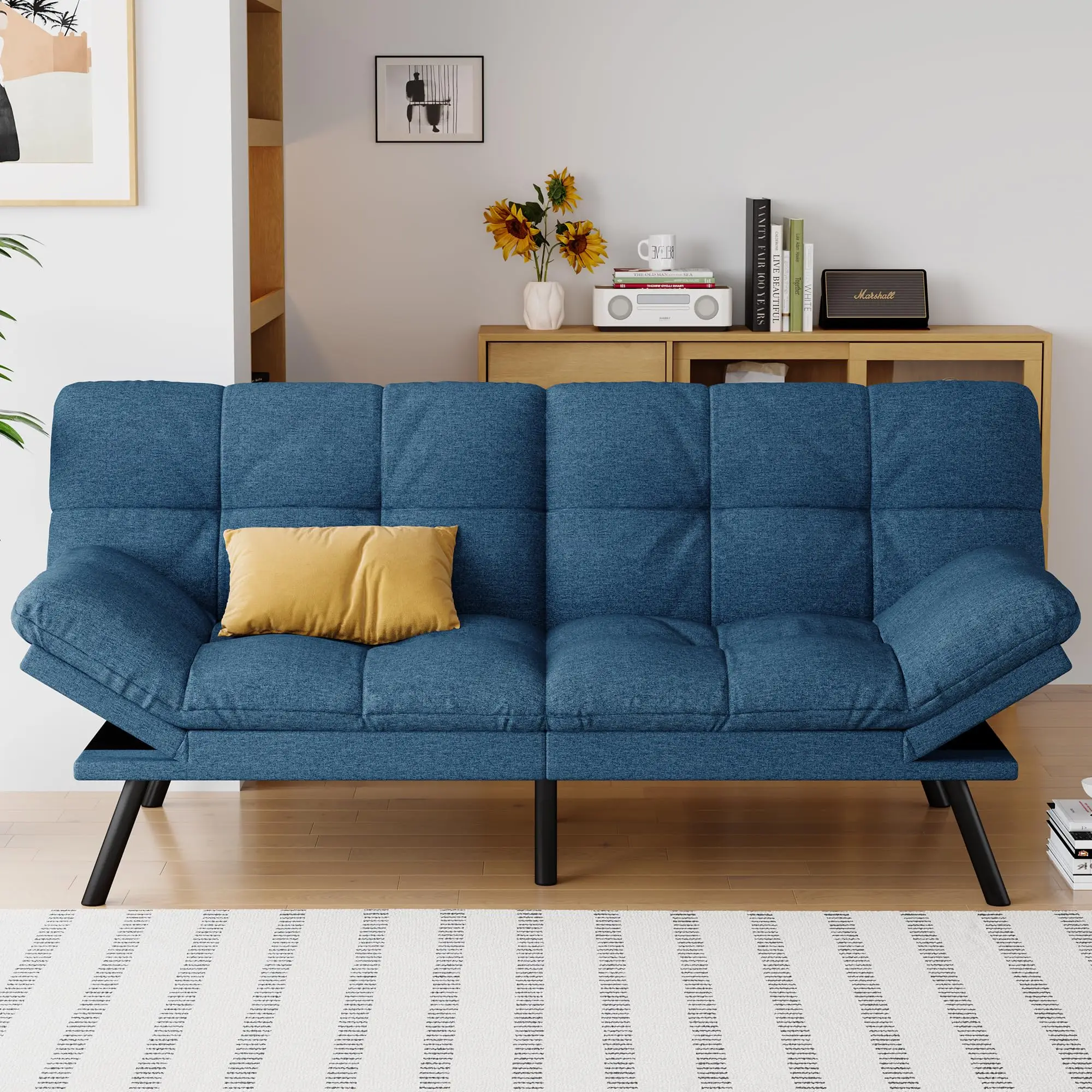 Futon Sofa Bed Convertible Couch, Grey Linen Sofa Bed | Adjustable Backrest & Armrests, Multifunctional Small Loveseat