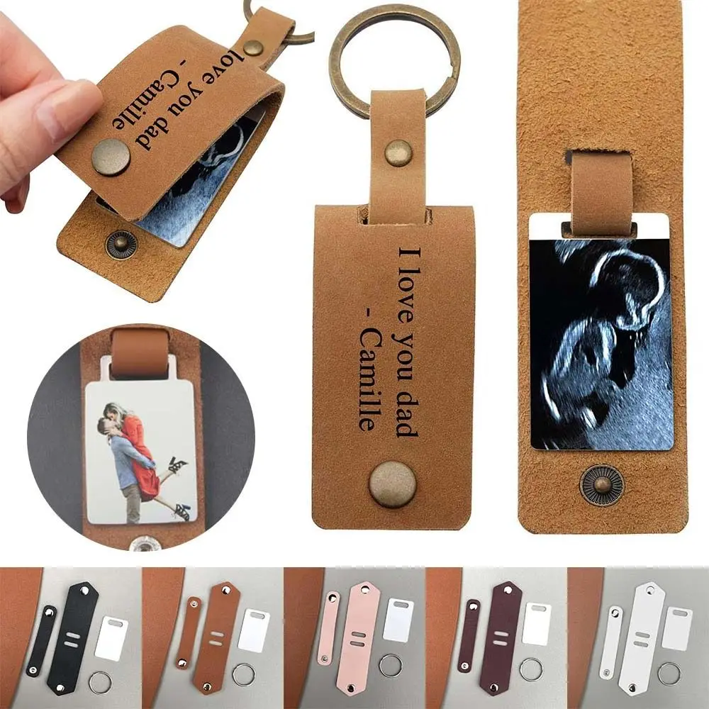 Creative For Dad Mom Personalized DIY Key Chain Photo Keychain Leather Cover Thermal Transfer Picture Card