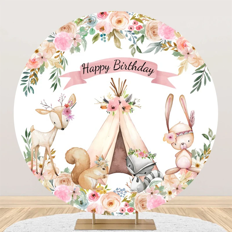 Wild One Jungle Safari Round Backdrop Cover Forest Animals Girl Boy 1st Birthday Party Baby Shower Circle Photography Background