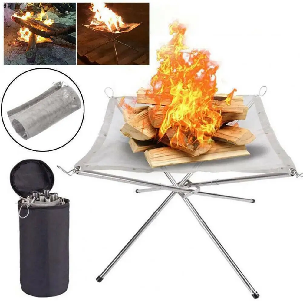 Folding Firepit, Stainless Steel Grill Mesh, Collapsible Outdoor BBQ Grill Easy Setup For Camping Picnic With Carrying Bag