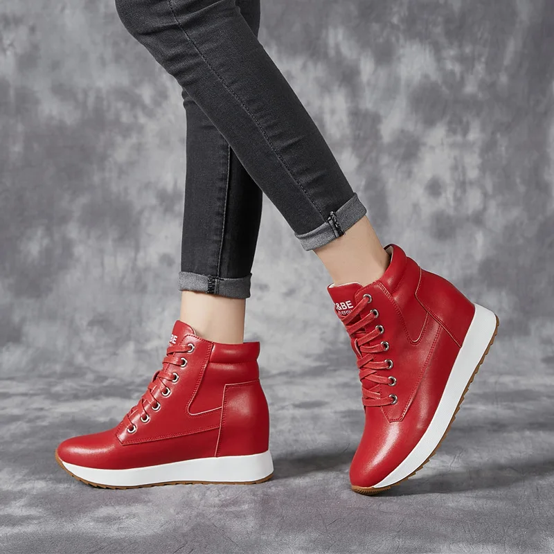 7CM Genuine Leather Women Ankle Booties Platform Wedge Hidden Heels Warm Women Winter Autumn Spring Casual Chunky Sneaker Shoes - view 6