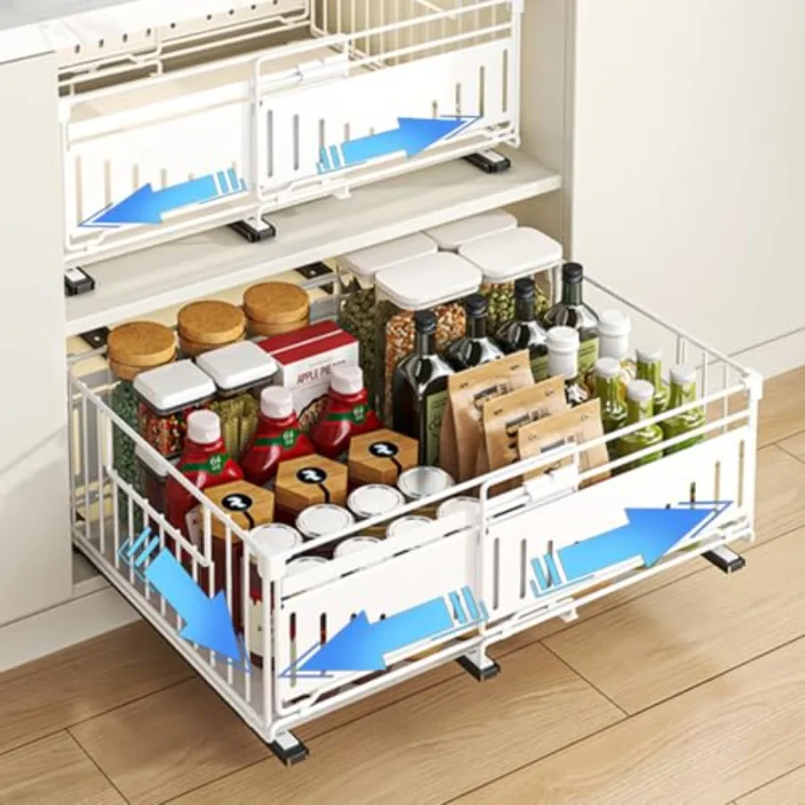 

Expandable Pull Out Cabinet Organiser, No Drill Adhesive Slide Out Kitchen Drawer Shelf Durable Metal for Under Sink, Cupboard,