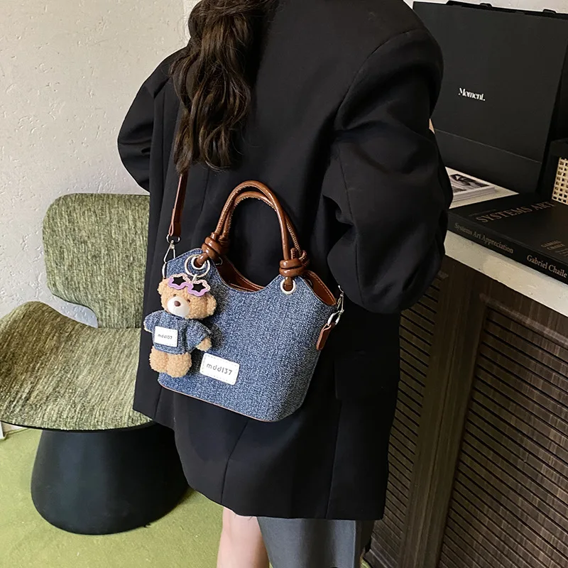 

2025 Denim Bucket Crossbody Bag for Women Minimalist Shoulder Handheld Purse Fashionable Handbag