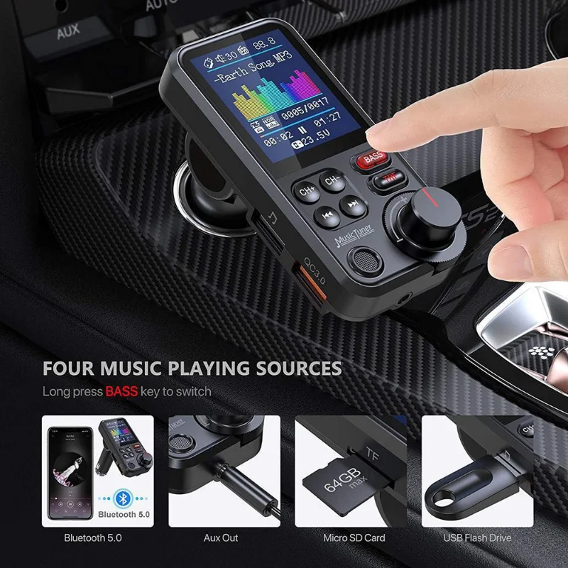 Bluetooth Car Wireless trasmettitore FM adattatore Radio Aux QC3.0 ricarica Treble Bass Sound lettore musicale 1.8 "QC3.0 PD caricatore USB