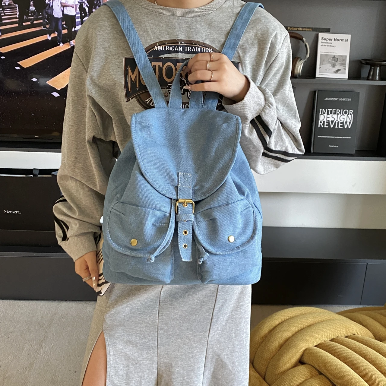 

A Load Of Multi-pocket Women Universal Canvas Large-capacity Leisure Simple Schoolbag Computer Backpack Denim Shoulder Handbag