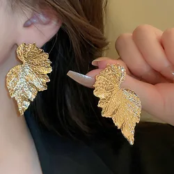 Uneven Surfaces Leaf Drop Earrings for Women Party Simple Trendy Metal Dangle Earrings Golden Silver Color Vintage Jewelry Gift