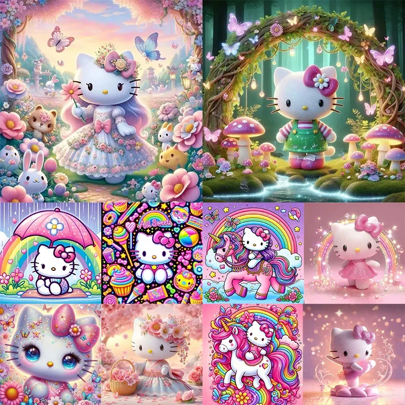 Sanrio-pintura de diamante de dibujos animados de Hello Kitty, pegatina bordada de diamantes redondos, pintura decorativa hecha a mano de dibujos animados para niños