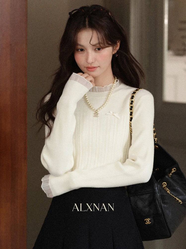 

ALXNAN топы с длинными рукавами в стиле пэчворк с бантом и круглым вырезом, женский вязаный свитер, осенние новые повседневные женские пуловеры высокого качества L57829