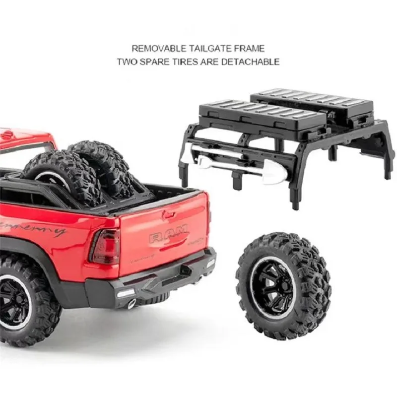 1:32 RAM MAMMOTH Pickup todoterreno vehículo miniatura Diecast Metal modelo coche de juguete tirar hacia atrás sonido y luz coleccionables regalos