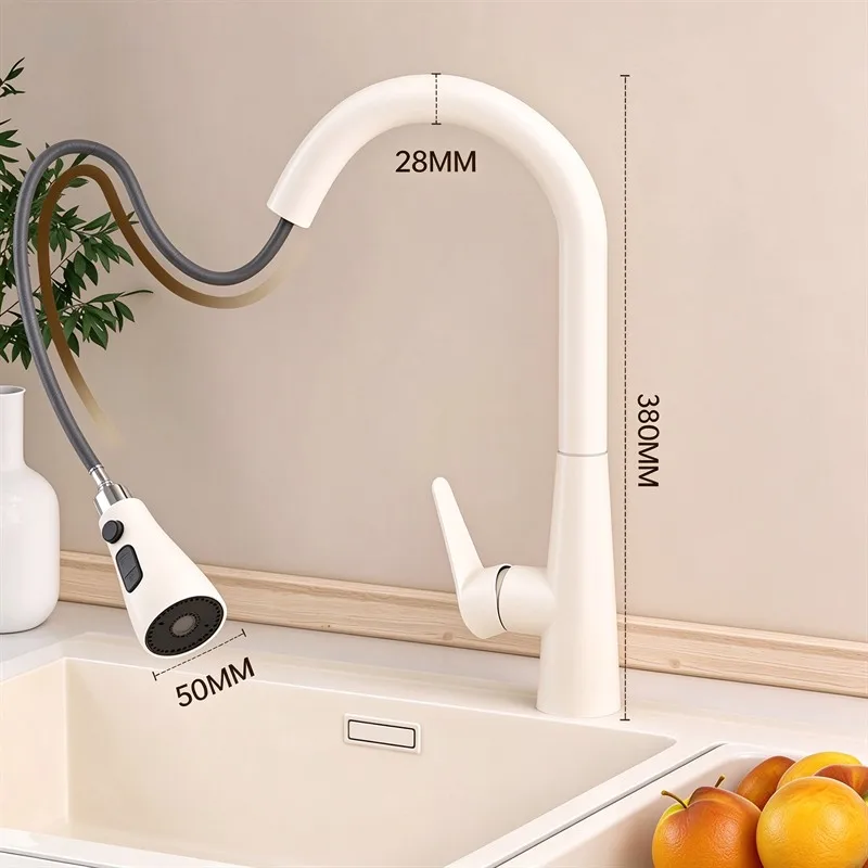Milky White Pull Out Kitchen Faucet Hot Cold Water Mixer Tap 360 Degree Swivel Brass Body Single Handle 3 Modes Spray