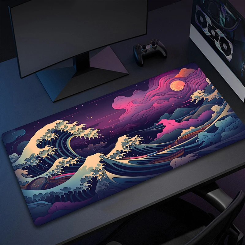 Alfombrilla de ratón con estampado personalizado HD para PC, alfombrilla de ratón de goma con grandes ondas de arte japonés, alfombrilla de juego con borde de bloqueo XXL, alfombrillas antideslizantes para ratón de ordenador de oficina