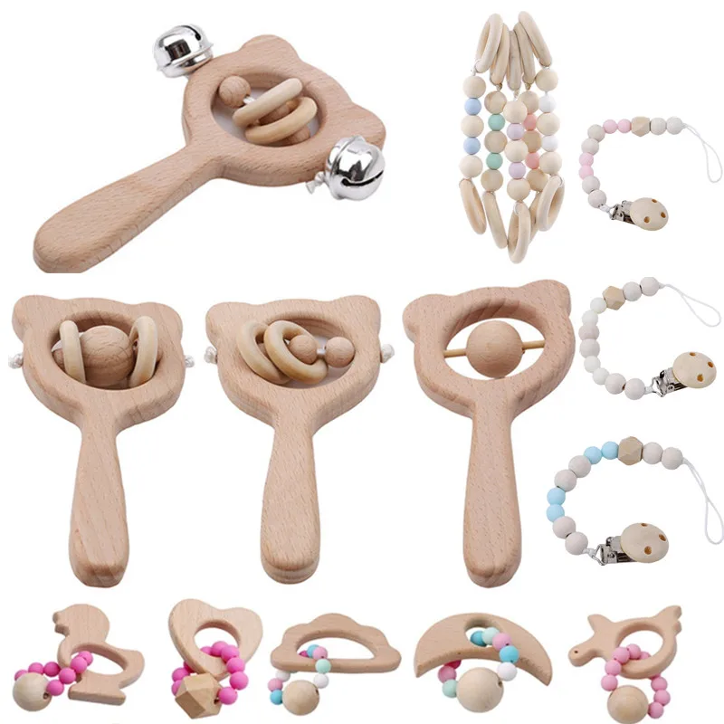 Baby Toys Wooden Rattle Beech Bear Hand Teething Wooden Ring Can Chew Beads Baby Rattles Play Gym Montessori Stroller Toys