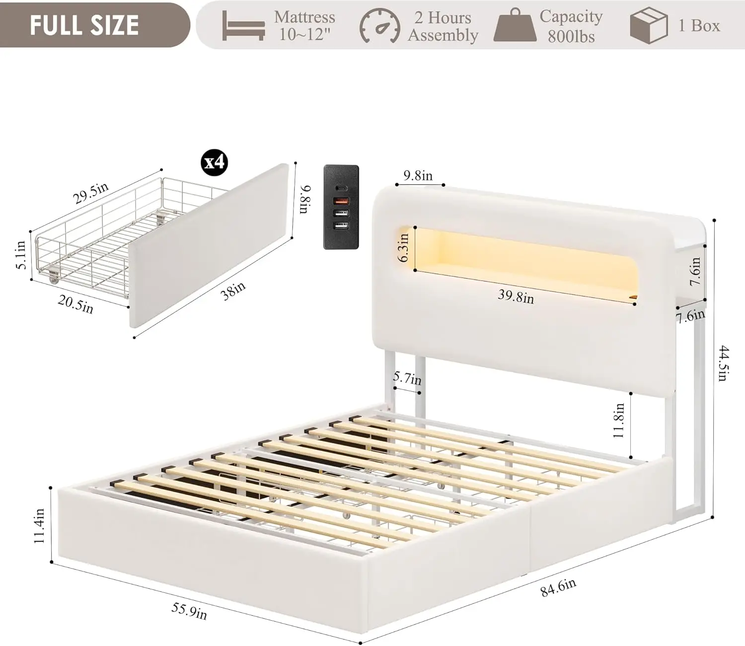 Full LED Bed Frame with Storage Headboard & Charging Station Kids Bed Frame with 4 Drawers and USB Ports Cream