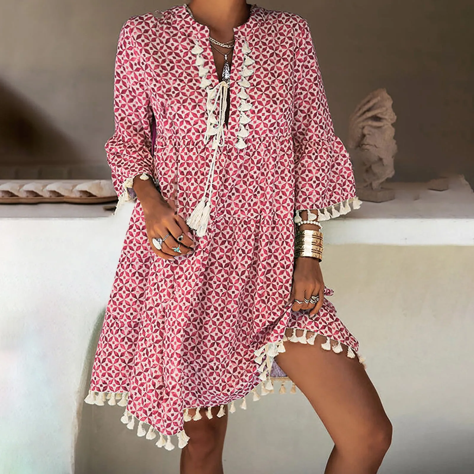 

Fashion Women Summer Casual Print Dress V Neck Lace Up Half Sleeve Loose Bohemia Style Dress Sweet Beach Dresses New Arrival