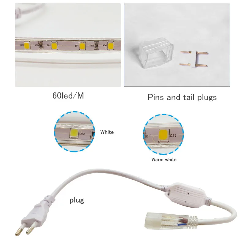 SMD 5050 AC220V LED Strip Flexible Light 60leds/m Waterproof Led Tape LED Light With Power 1M/2M/3M/5M/6M/8M/9M/10M/15M/20M/30M