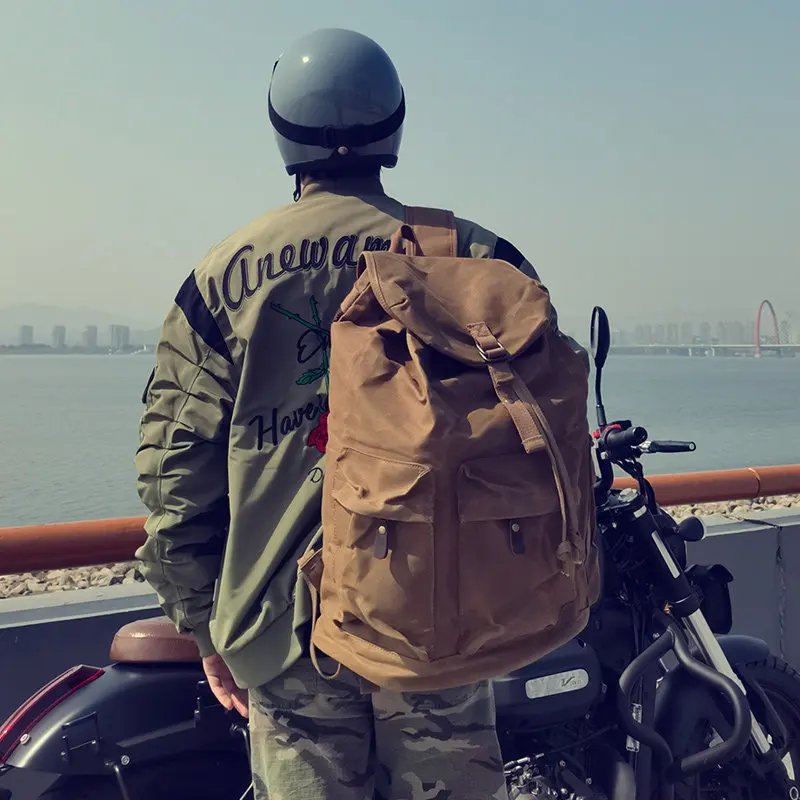 Retro Waxed Canvas Motorcycle Backpack Waterproof Large Capacity Helmet Motorcycle Riding Travel Bag