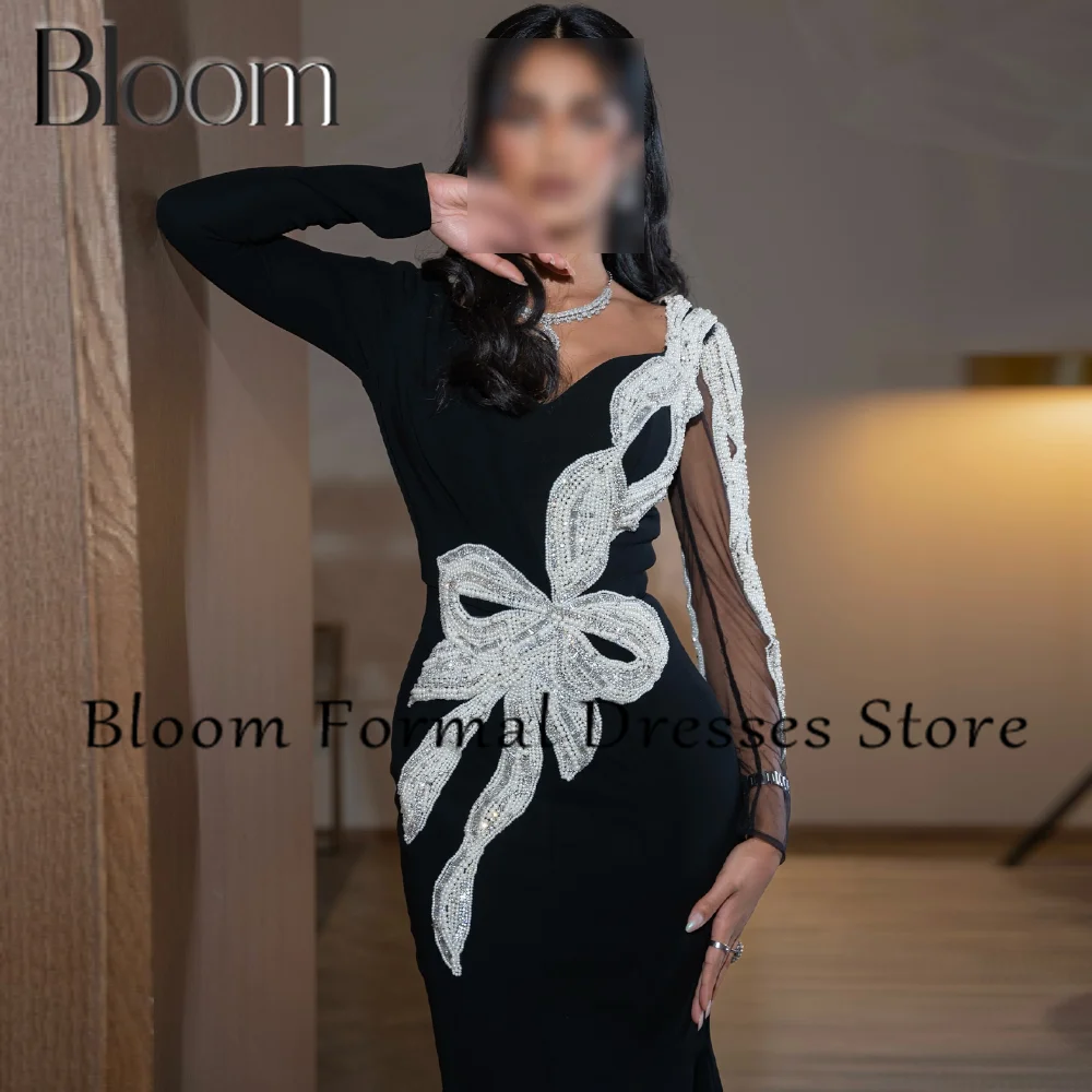 Bloom Long Sleeves Contrast Color  Mermaid Sweep Train Side Silt Sequined V Neck Zipper Back Classic Celebrity Evening Dress