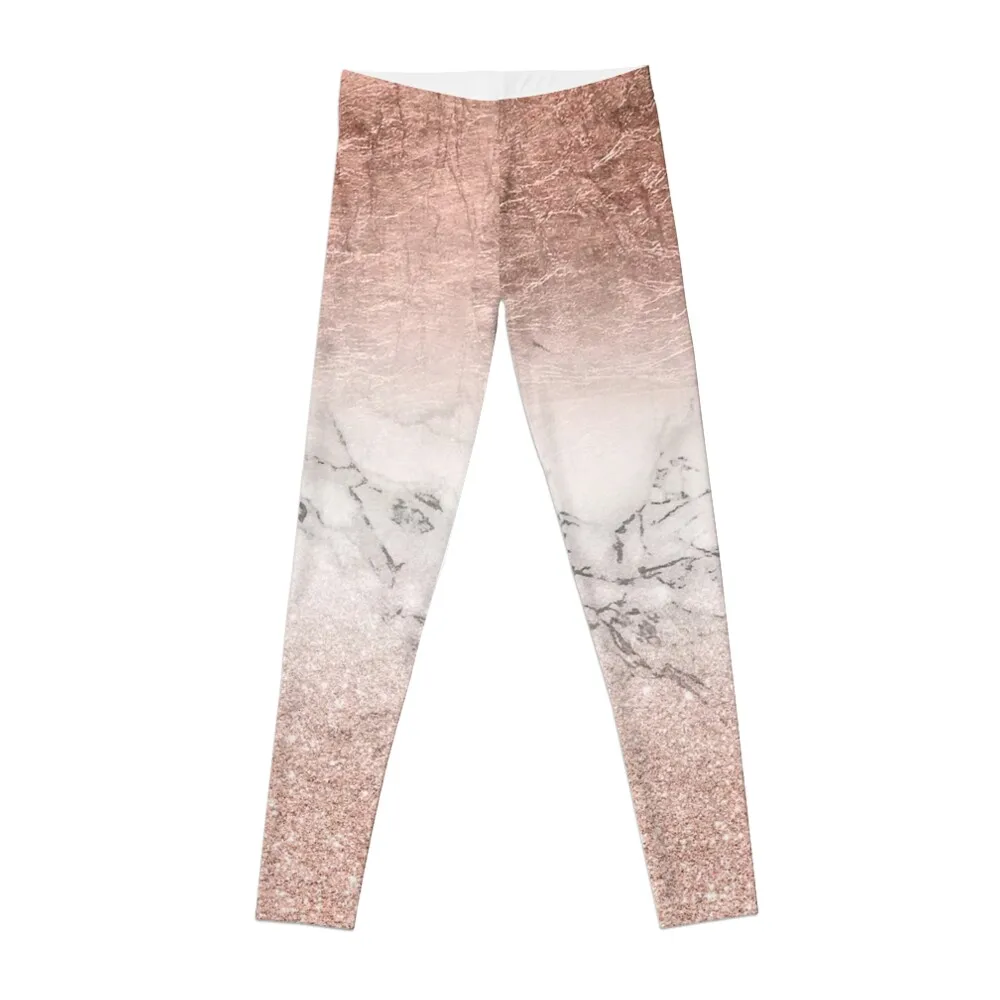 

Modern faux rose gold glitter and foil ombre gradient on white marble color block Leggings sports for Womens Leggings