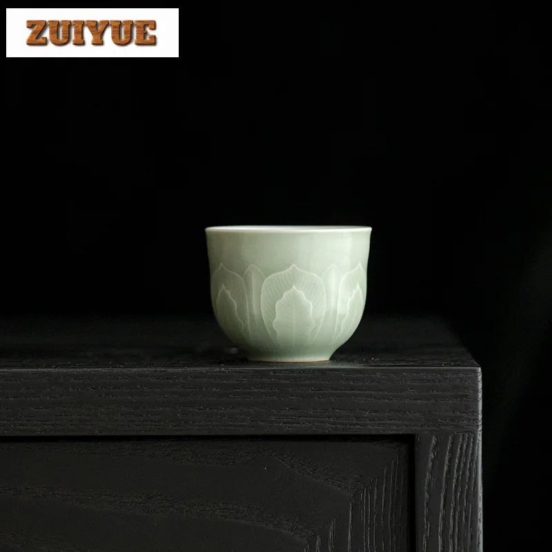 2pc/set Bean Green Glaze Handmade Master Cup Household Lotus Petal Teacup Aesthetic Small Tea Bowl Fragrance Cup Teaware 40ml