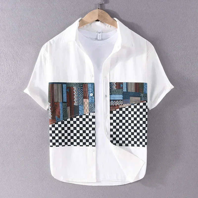 

Летняя белая рубашка, мужские рубашки из 100% хлопка с коротким рукавом, клетчатая лоскутная рубашка, молодежные модные топы, японские уличные топы