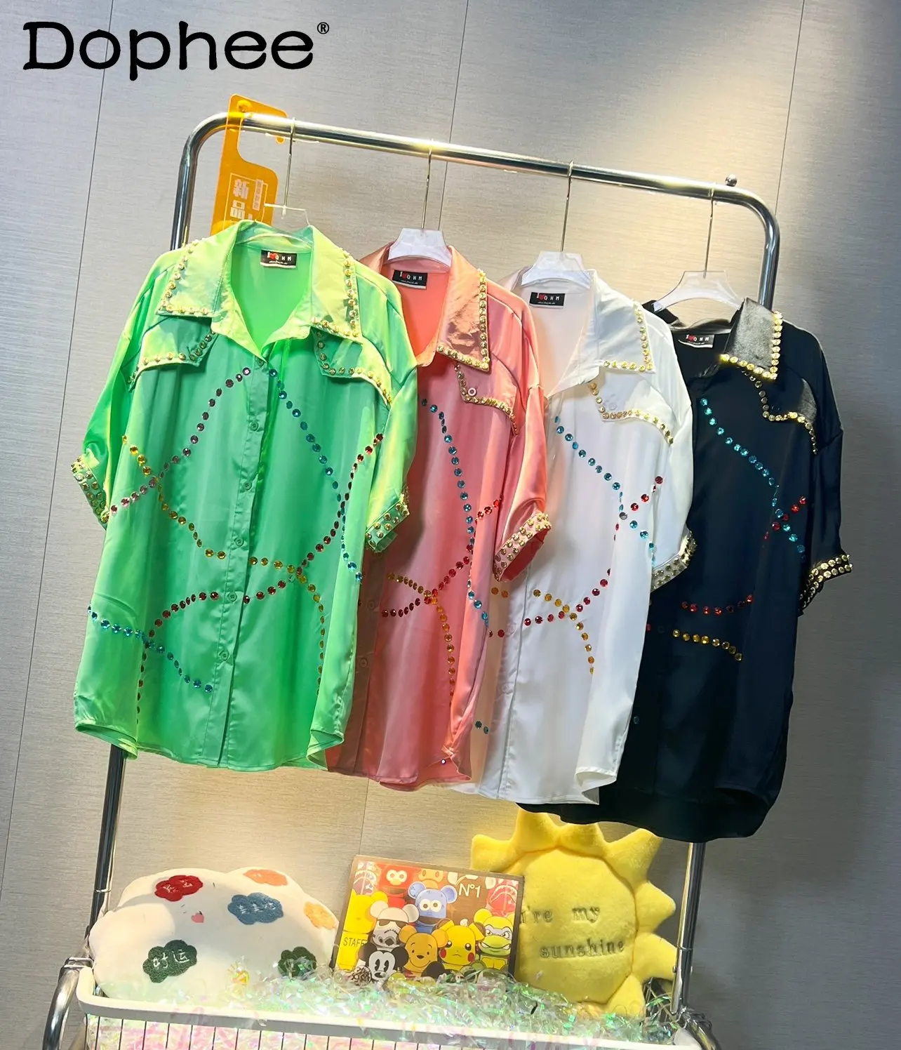 

Thailand Fashion 2023 Summer New Heavy Industry Color Diamond Short-Sleeved Shirt Women's Loose Slimming Mid-Length Blouse Top