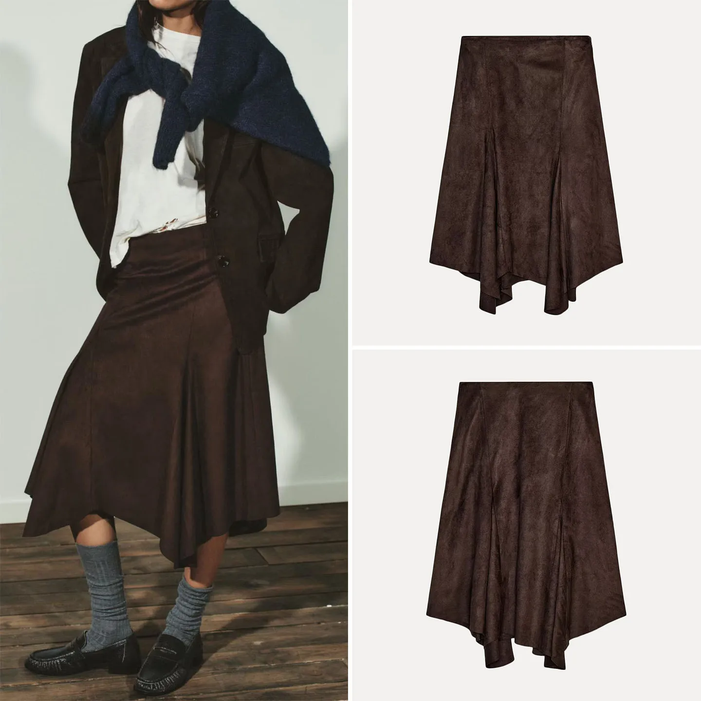 여성 미디 스커트 비대칭 효과 중간 길이 가을 신상 슬레 패셔너블 여성 스커트 스탠드 핏 루즈 웨이스트 디자인