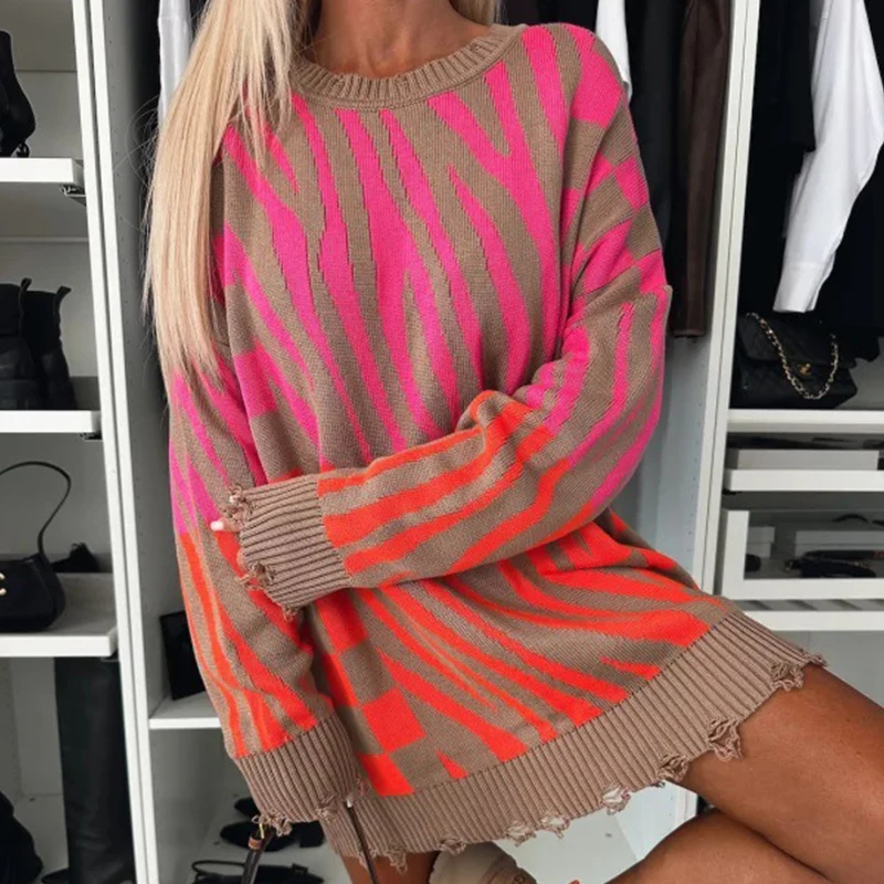 

Women Casual Long Sleeve Jumper 2024 Elegant O-neck Ripped Pullover Sweater Fashion Colorblocking Zebra Print Loose Knitted Tops