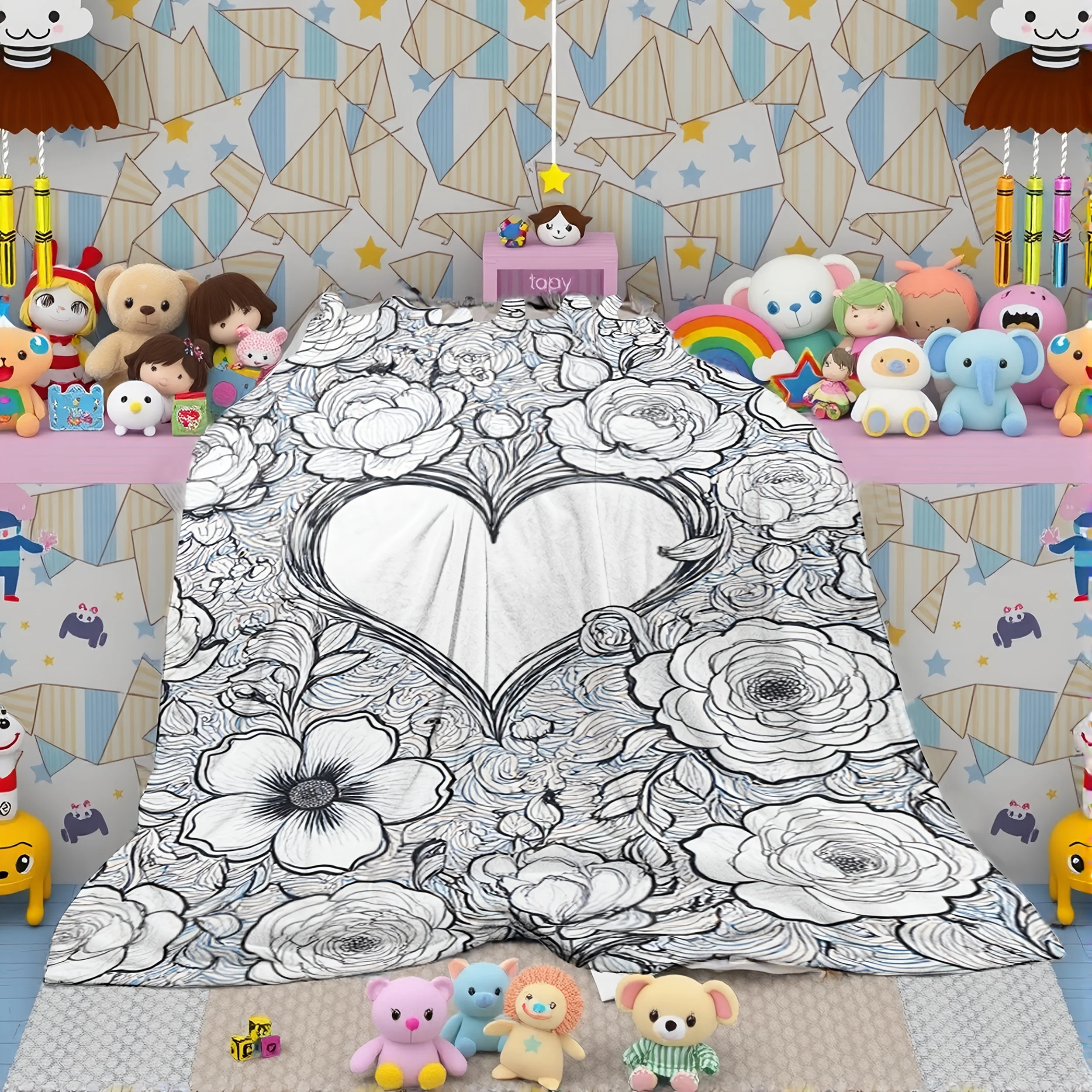 Heart Shaped Floral Print Blanket Soft Flannel All Seasons, Cozy Throw for Sofa Bed Travel Camping Living Room Office