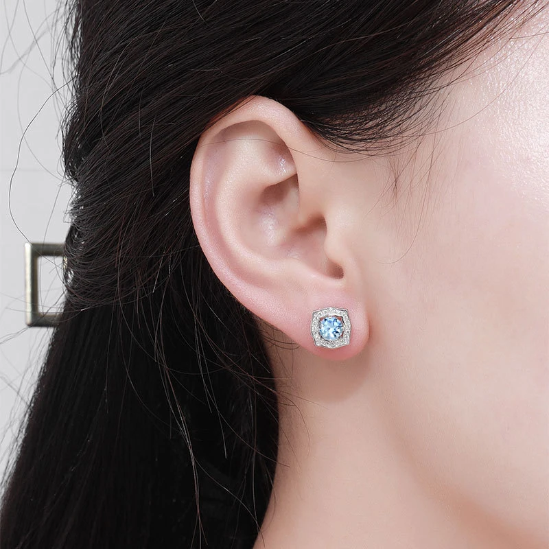 CSJ Elegant Natural Aquamarine Earrings 925 Sterling Silver Gemstone Round 5mm Jewelry for Women Wedding Party Birthday Gift
