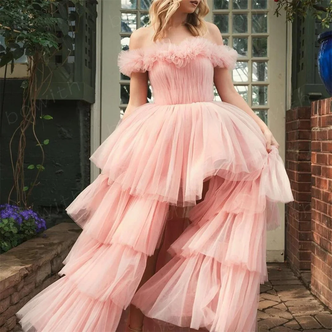 

Gorgeous Tulle Brides Wedding Dresses Boat-neck Off the Shoulder Tiered Irregular Pleats Evening Gowns Engagement Prom Dress
