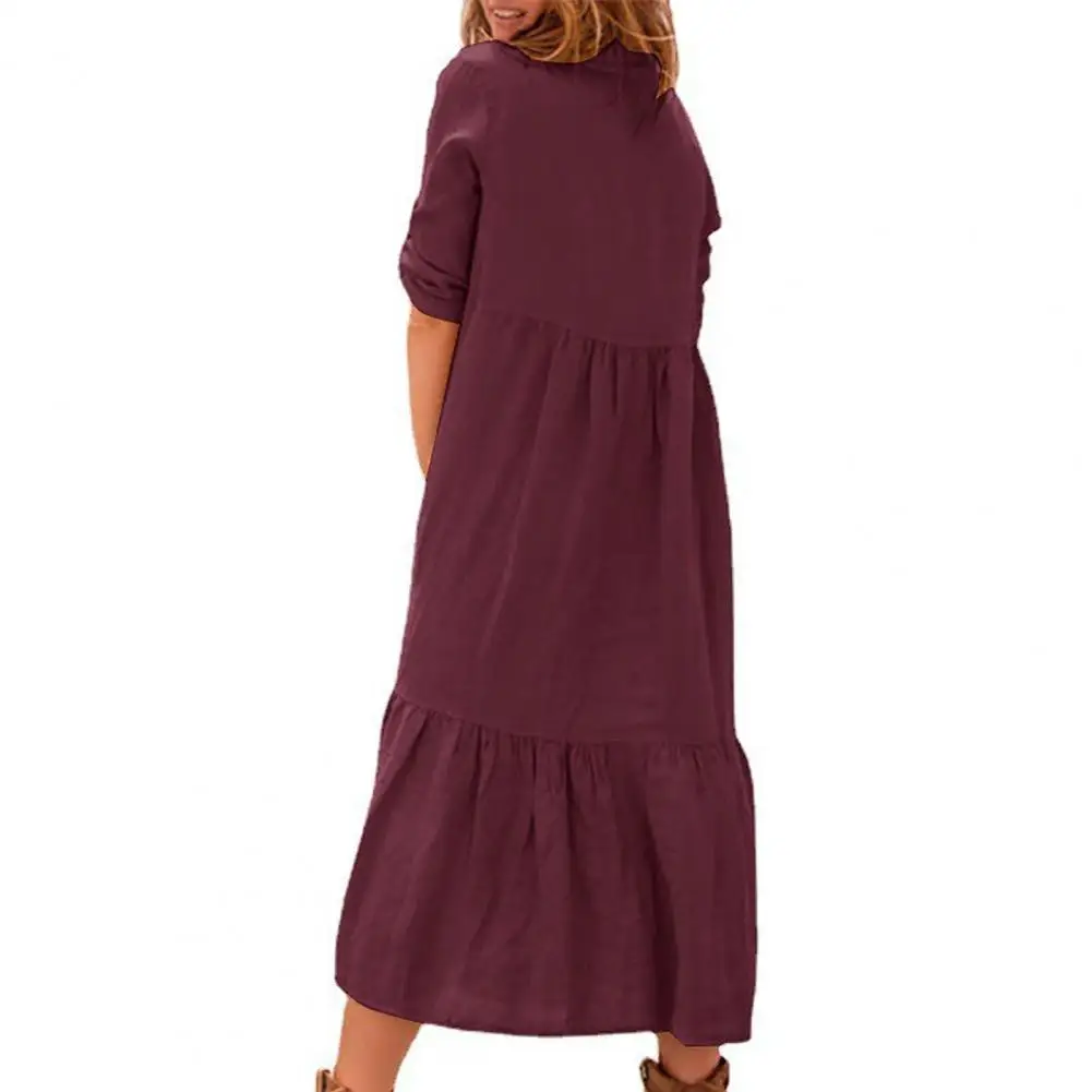 

Popular Office Dress Lightweight Breathable Women Dress Women Vintage Roll-up Sleeve Loose Midi Dress