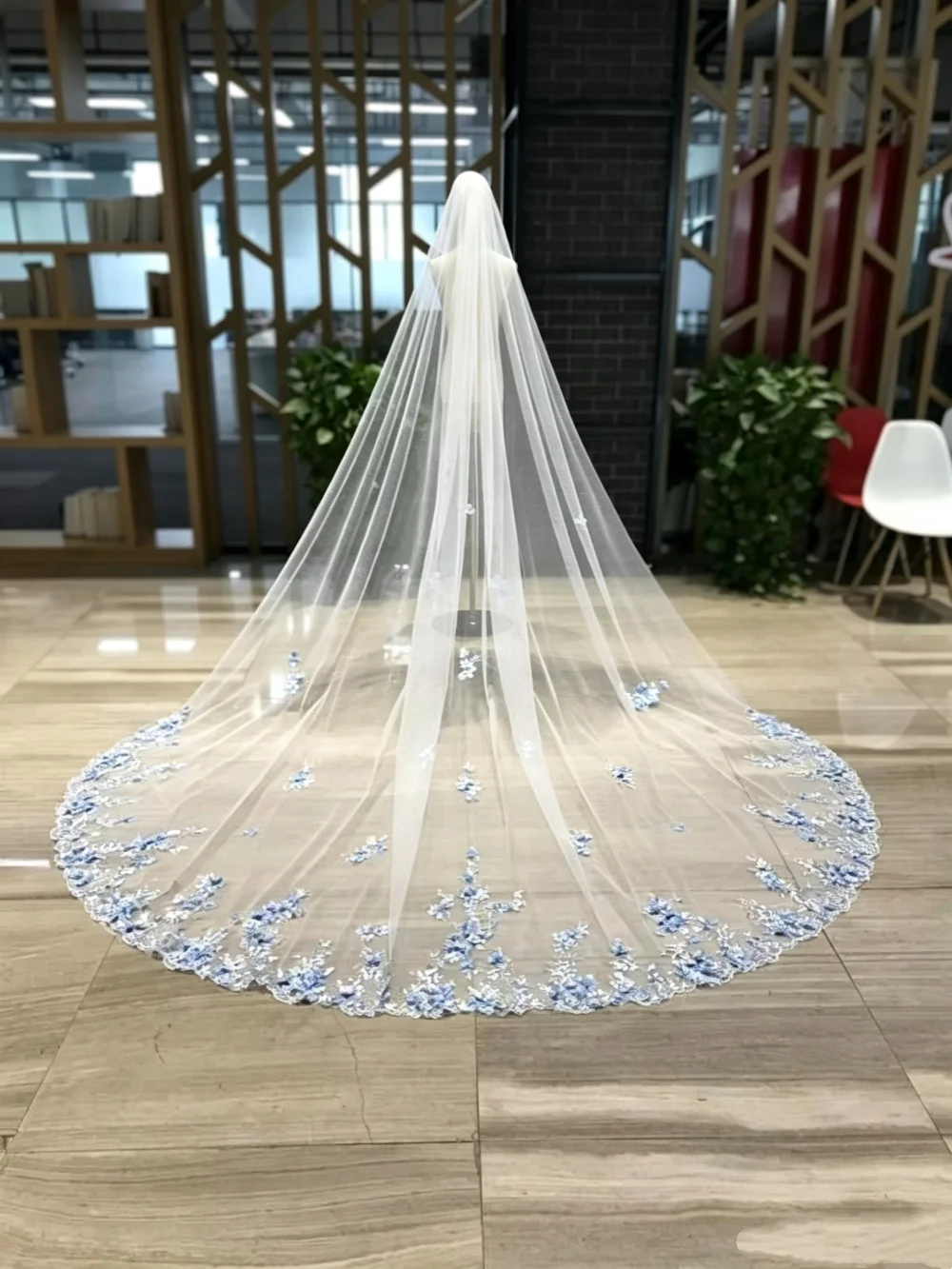 Illusion Wedding Veil 3D Appliques One Layer Long Cathedral Length Veils Applique Edge Velo De Novia For Bride Customized