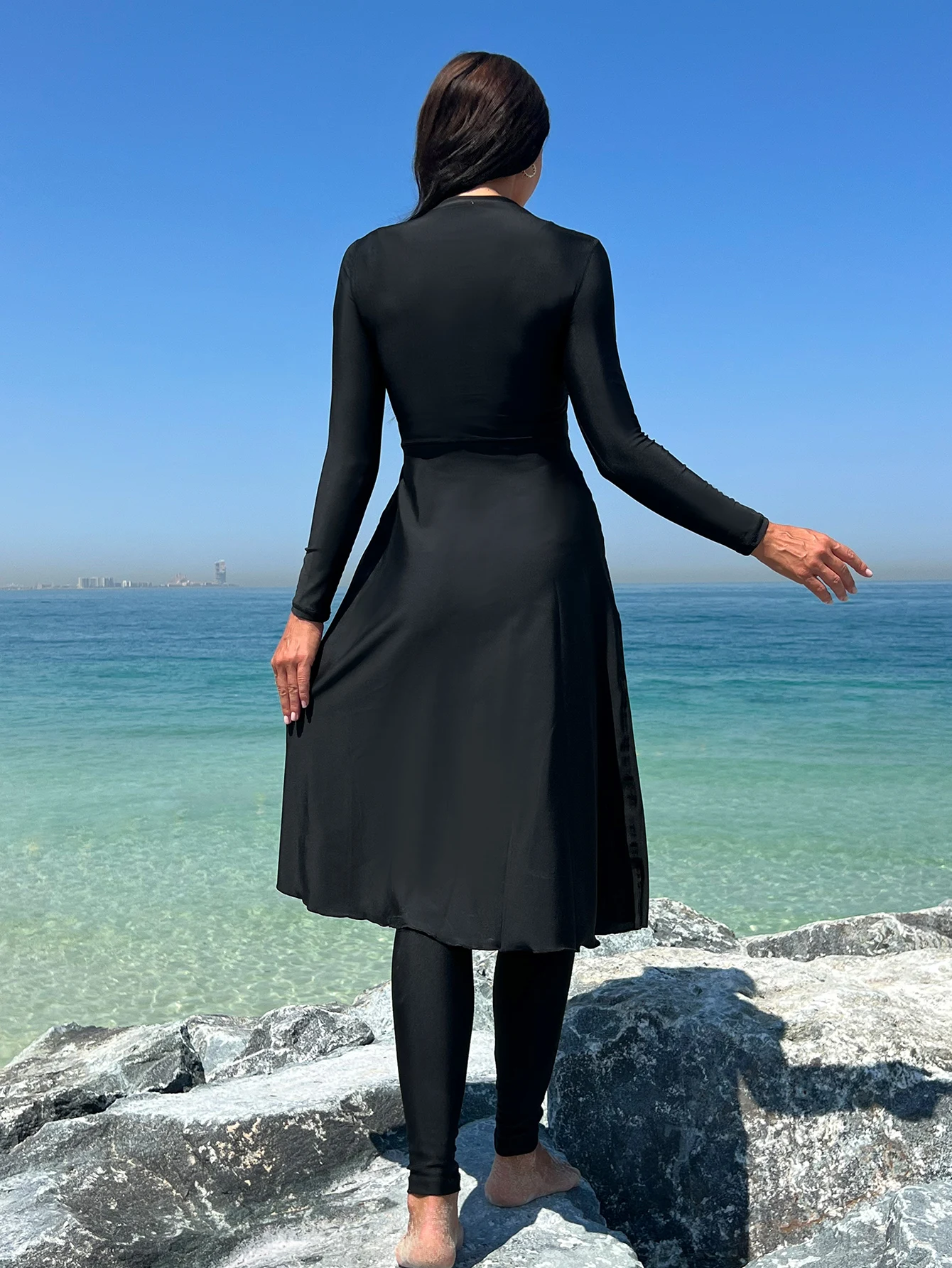 2pcs Muslim Burkini Modest swimsuit  with Black Long Sleeved Dress All Covered Retro Women Swimwear Beach swimsuit SPF50+