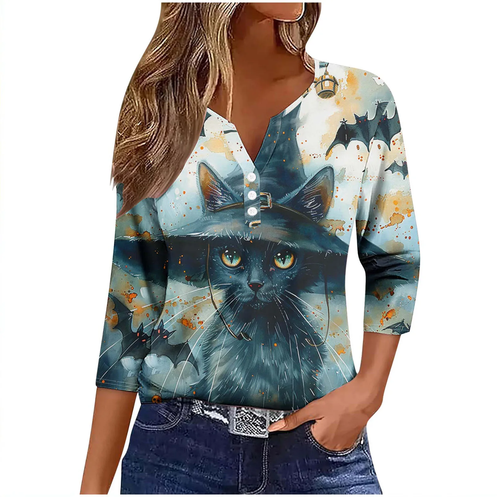 Autumn Women's Long Sleeved T-shirt Scary Halloween Ghost Print Casual Holiday Atmosphere Street Tops for Women