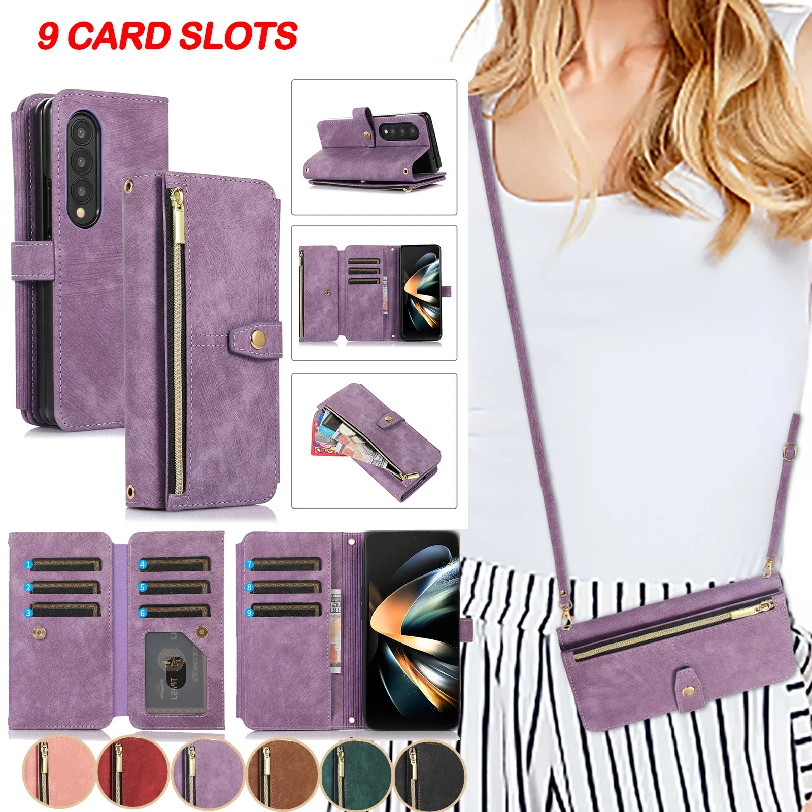 

Crossbody Zipper Wallet Phone Case for Samsung Galaxy Z Fold 5 4 3 Fold5 Fold4 Fold3 5G Card Holder Lanyard Flip Leather Cover